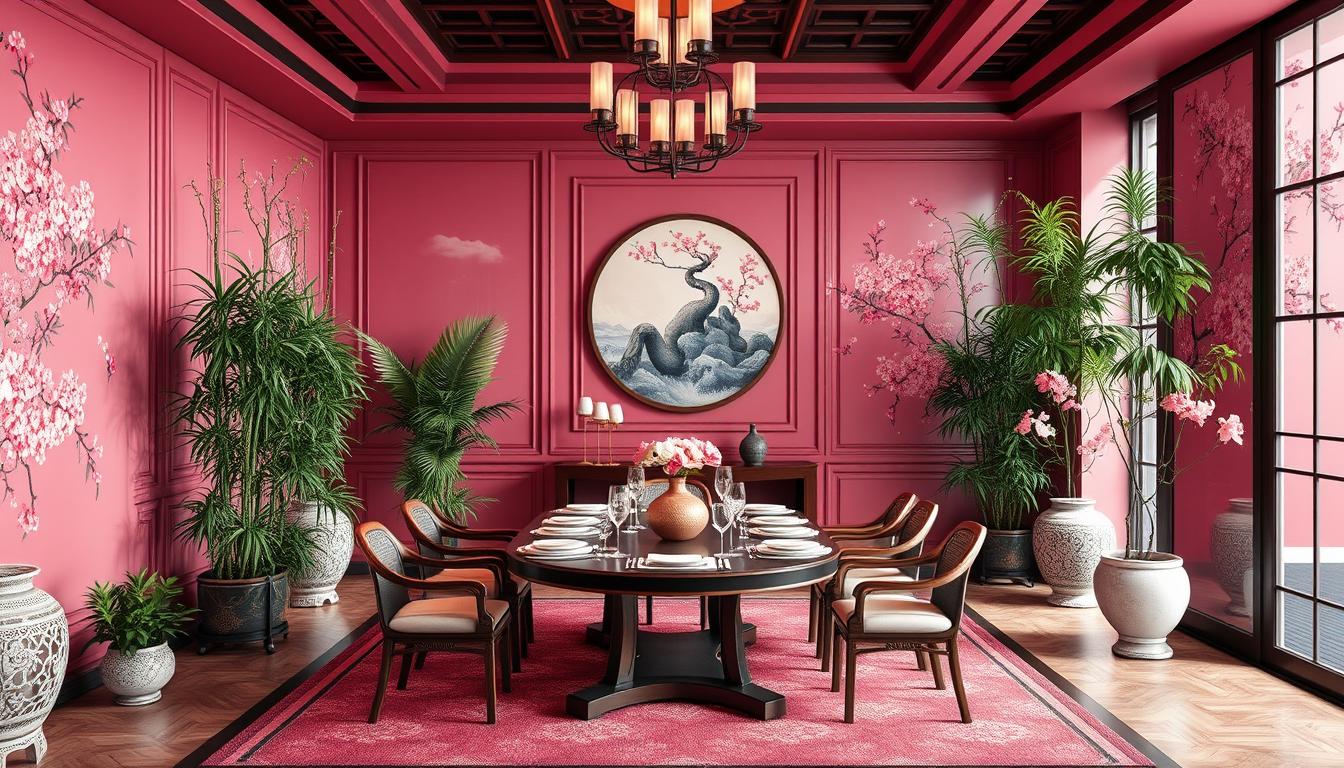 Generate an image of Pearl Liang's elegant Cantonese-inspired dining room featuring rich pink tones, bamboo plants, water features, and beautiful cherry blossom murals.