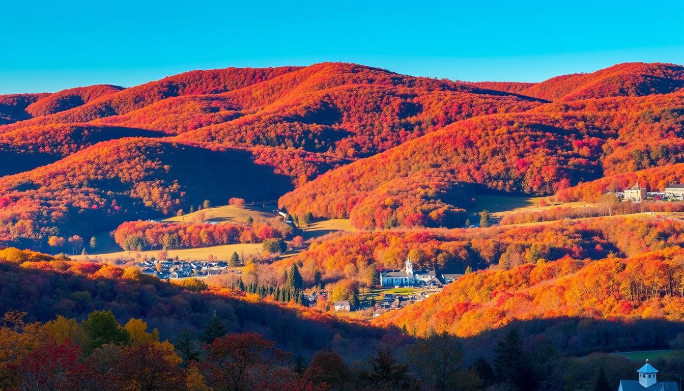 Scenic view of Litchfield Hills Connecticut showing rolling hills, autumn foliage, and a small New England town