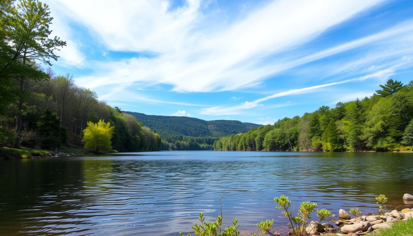 Scenic view of Hop Brook Lake in Waterbury Connecticut with surrounding forest and calm waters on a sunny day