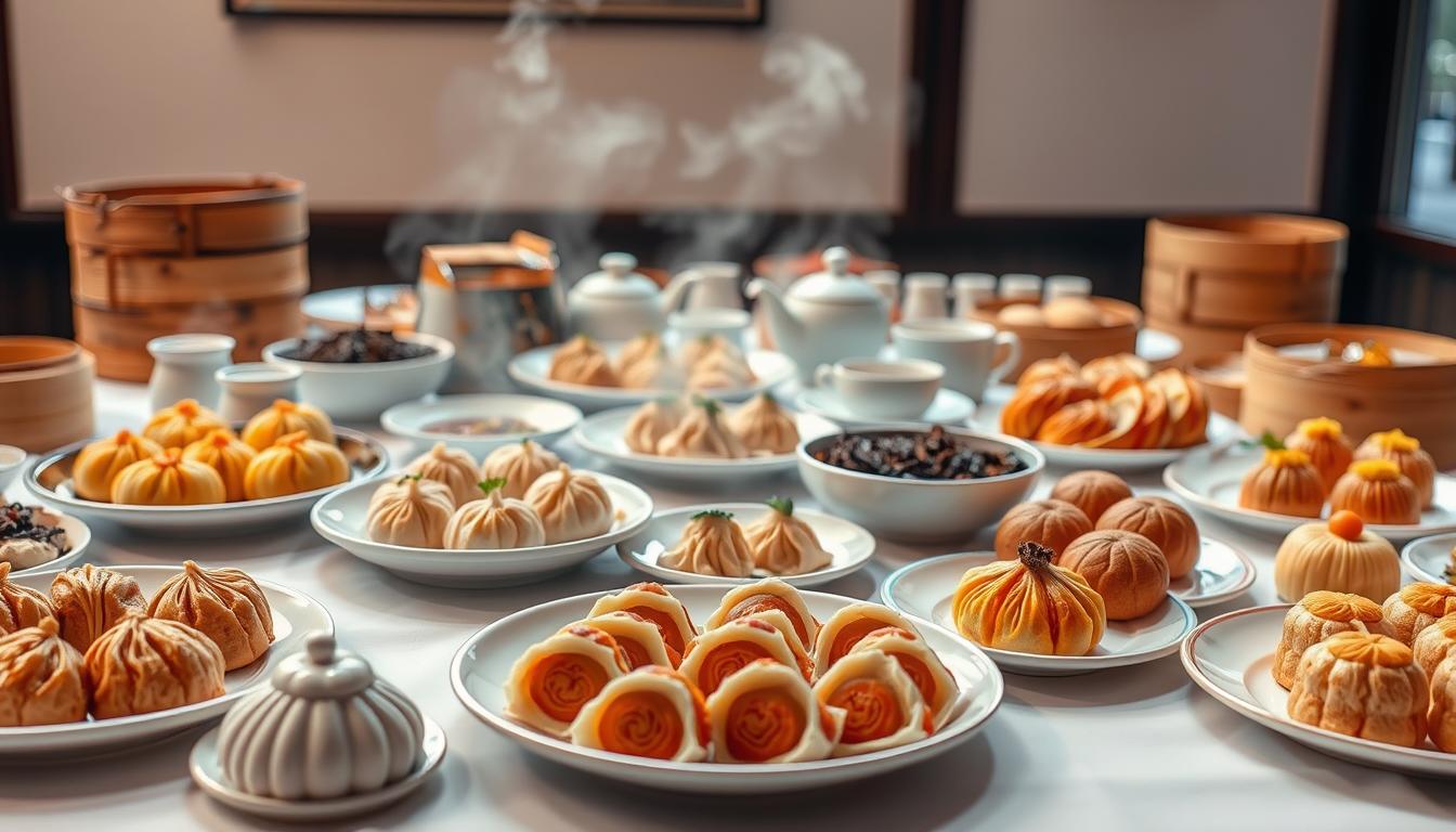 a sumptuous display of dim sum dishes on a white tablecloth, with a light and airy atmosphere. In the foreground, an array of delectable dumplings, buns, and pastries, each meticulously crafted with intricate patterns and vibrant colors. The middle ground features steaming bamboo baskets, fragrant tea leaves, and delicate porcelain plates, capturing the essence of a traditional Cantonese dining experience. The background is softly lit, evoking a cozy, welcoming ambiance, perfect for savoring the flavors and textures of these renowned Chinese delicacies.