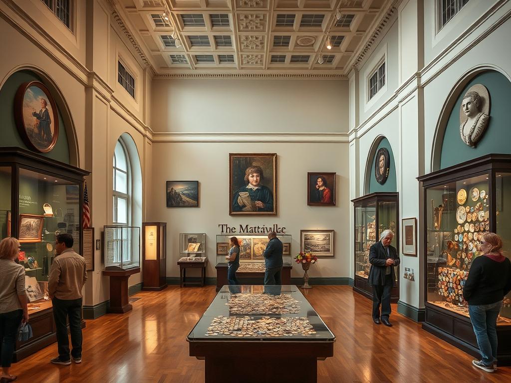 Interior of the Mattatuck Museum in Waterbury Connecticut showing art exhibits and the famous button collection display