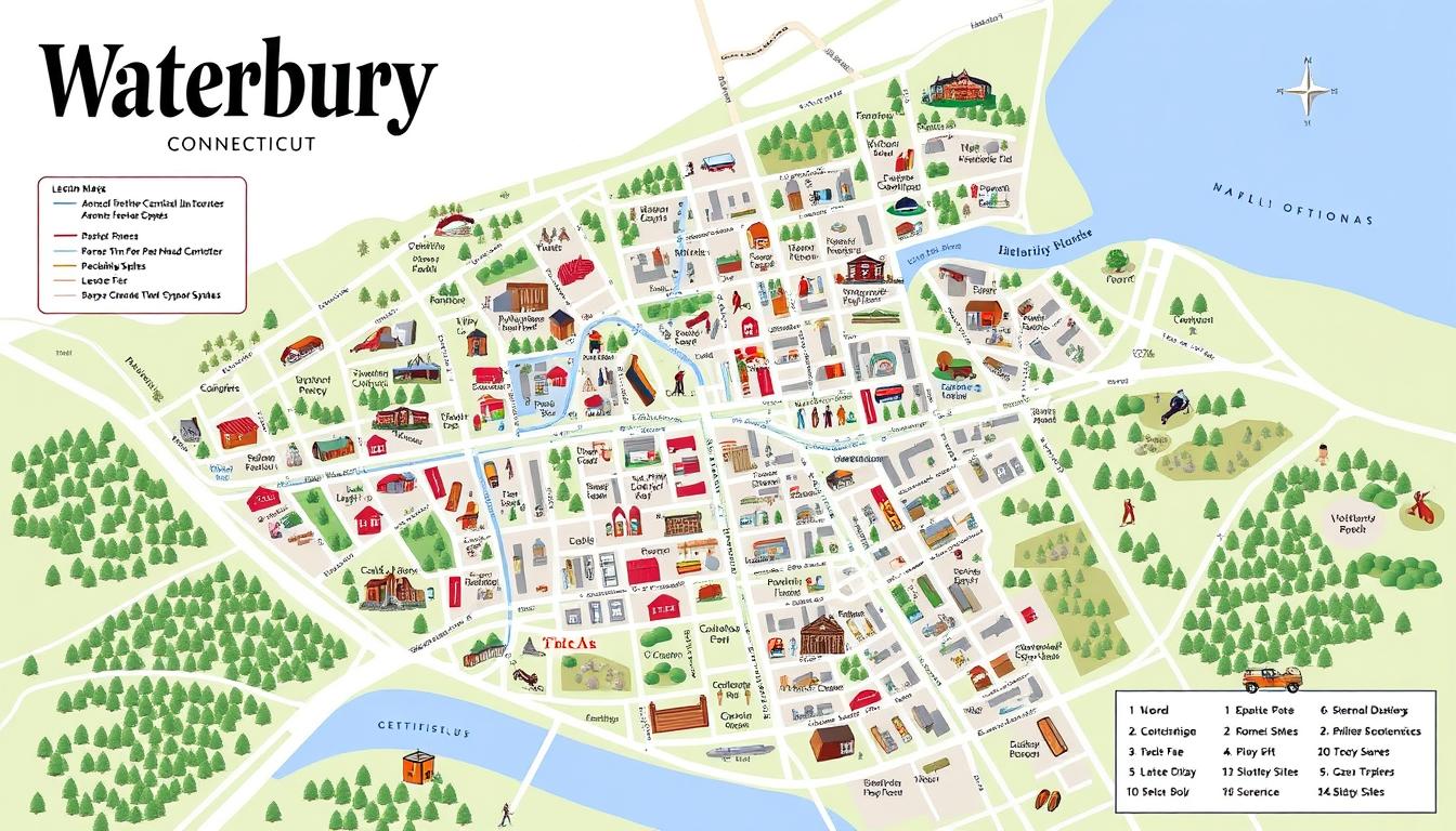 Map of downtown Waterbury Connecticut showing major attractions, historic sites, and points of interest