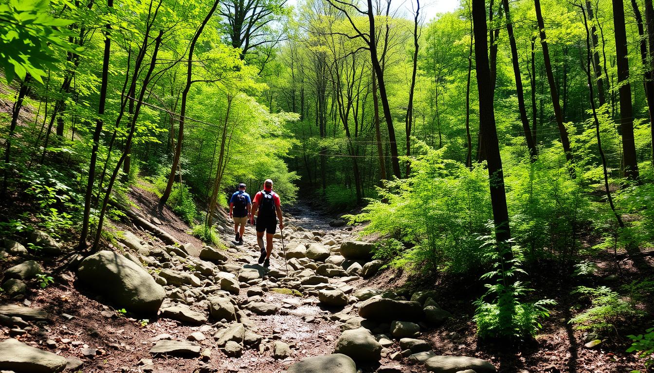 Hikers on the Hancock Brook Trail in Waterbury Connecticut with forest scenery and rocky terrain