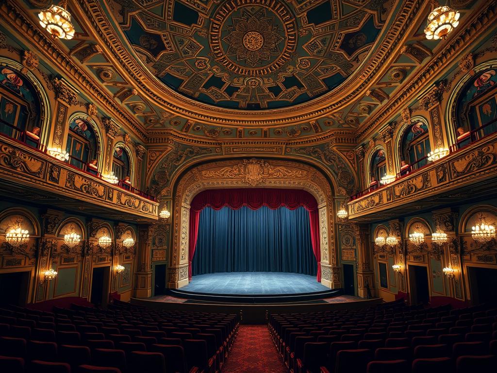 The ornate interior of the Palace Theater in Waterbury Connecticut showing the stage and detailed architectural elements