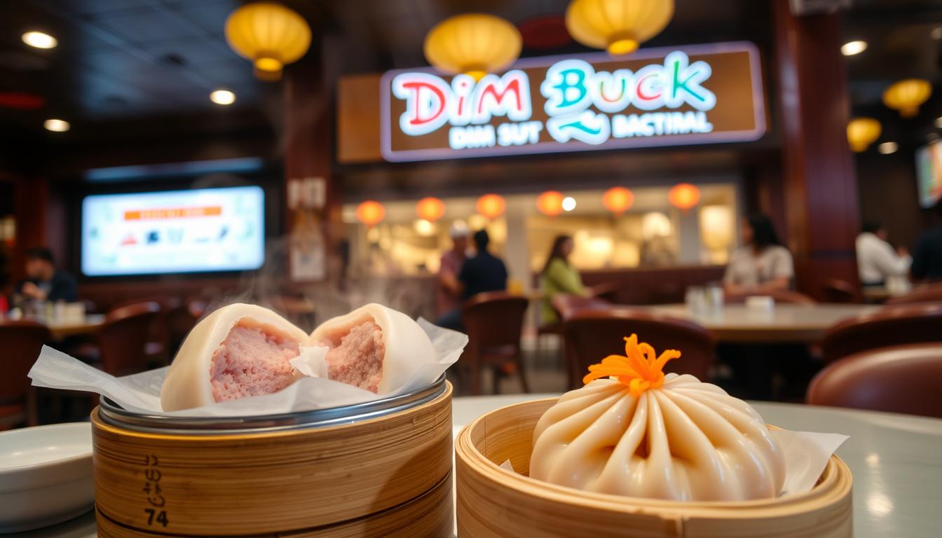 Generate an image of Dim Sum Duck's bustling dining area, showcasing its exceptionally plump har gau and generously filled xiaolongbao.
