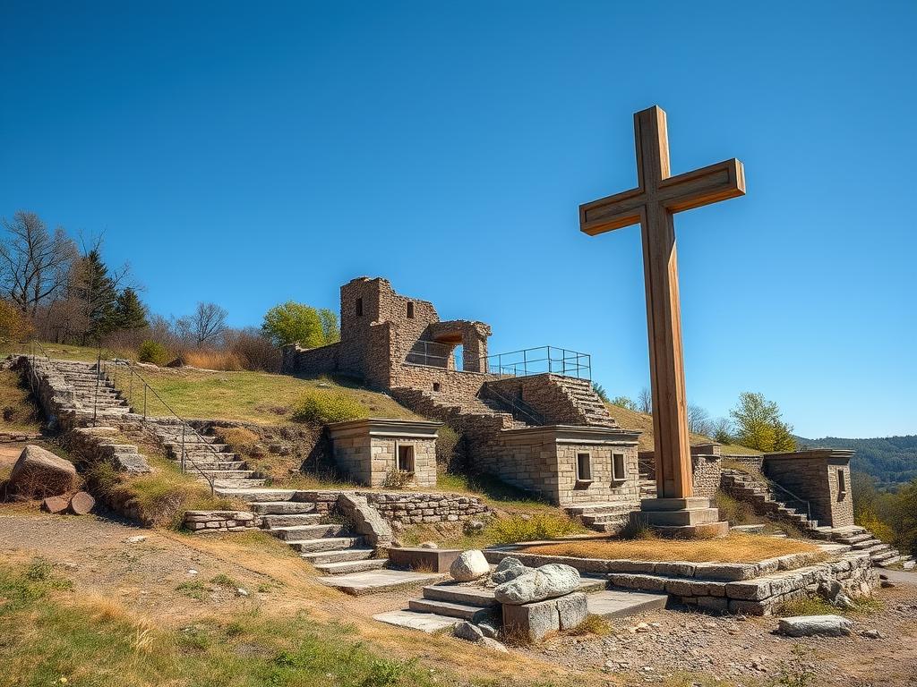 The Holy Land USA Ruins in Waterbury Connecticut showing the large cross and partially restored biblical scenes