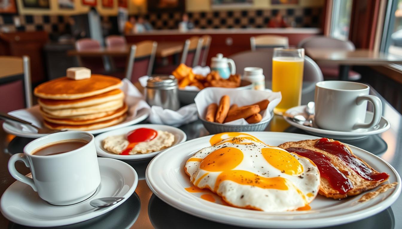 Breakfast spread at a popular Waterbury diner showing classic American breakfast dishes like pancakes, eggs, and coffee