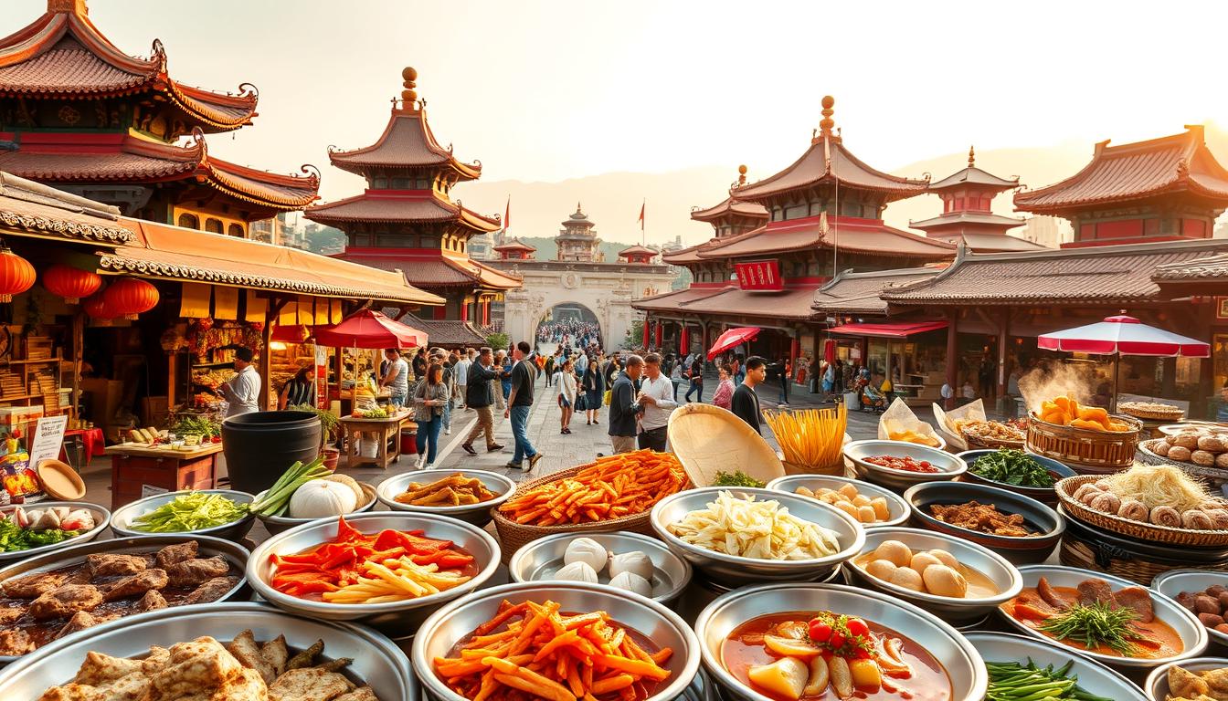 A vibrant, panoramic view of the diverse culinary landscape of China's regional cuisines. In the foreground, a sumptuous display of signature dishes from various provinces, each with its own distinct flavors and preparation techniques - from the robust, smoky Sichuan hotpot to the delicate, fragrant Cantonese dim sum. In the middle ground, bustling open-air markets overflow with an abundance of fresh, seasonal ingredients, from vibrant produce to sizzling street food stalls. The background frames this culinary tapestry against a backdrop of iconic Chinese architecture, with ornate temples and pagodas bathed in warm, golden sunlight. The scene conveys a sense of cultural richness, culinary artistry, and the enduring traditions that define the diverse regional cuisines of China.