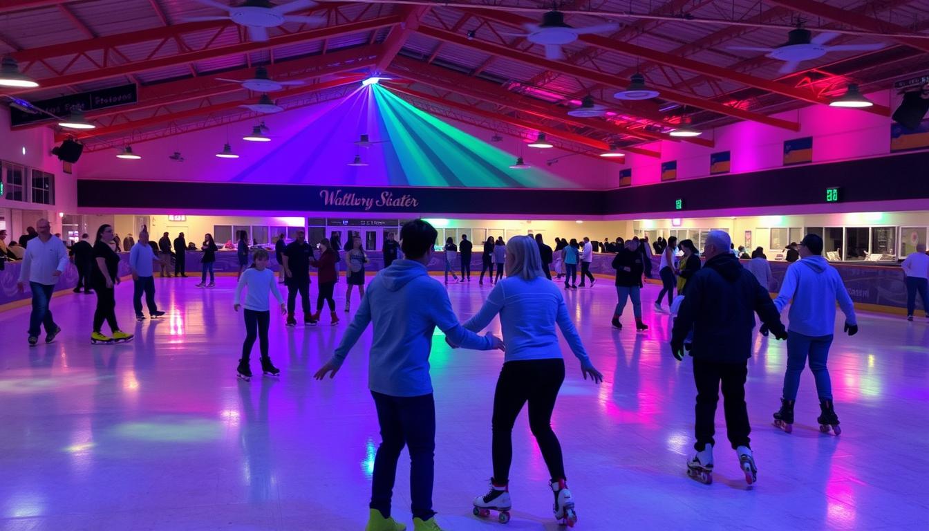 Roller skating at Waterbury Skating Center with colorful lights and people enjoying the maple skating surface