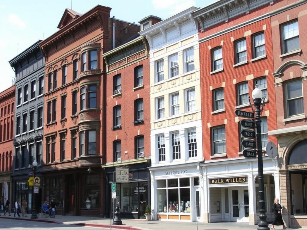 Historic buildings along Bank Street Historic District in Waterbury Connecticut showing preserved architectural details