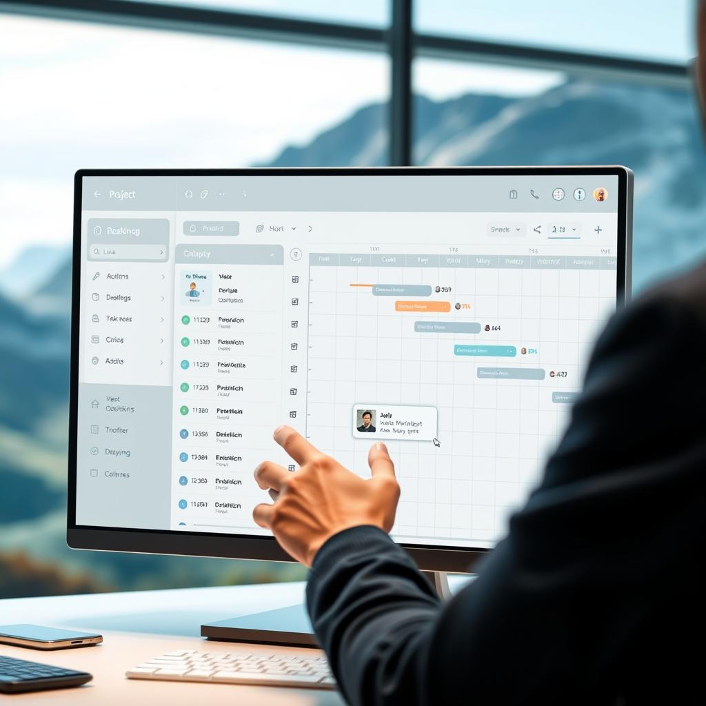 A modern, minimalist software interface for project management, featuring a clean dashboard with intuitive controls, Gantt charts, task lists, and project timelines. The layout is sleek and uncluttered, with muted colors and subtle grid lines guiding the eye. In the foreground, a user is interacting with the software, manipulating task cards and adjusting deadlines with smooth, responsive gestures. The background is a blurred, abstract landscape, suggesting a sense of productivity and focus. The lighting is soft and even, creating a calm, professional atmosphere. The overall impression is one of efficiency, organization, and streamlined workflow.