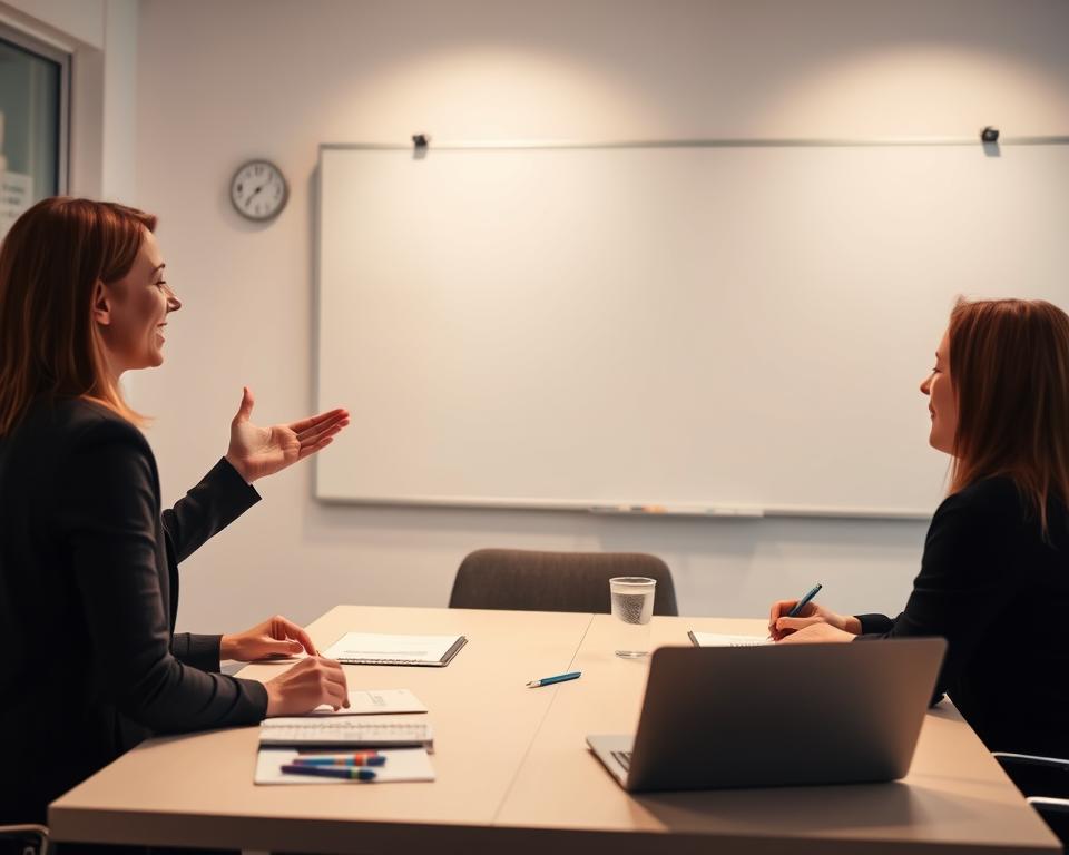 A well-lit, professional office setting with a large whiteboard in the background. In the foreground, two people engaged in a lively discussion, gesturing expressively and making eye contact. The middle ground features a conference table with notebooks, pens, and a laptop, suggesting an ongoing collaborative meeting. The lighting is warm and inviting, creating a productive and harmonious atmosphere. The overall scene conveys the importance of effective communication skills in a workplace environment.