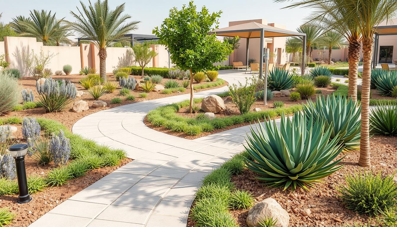 Sustainable landscape design in Abu Dhabi featuring water-efficient irrigation systems