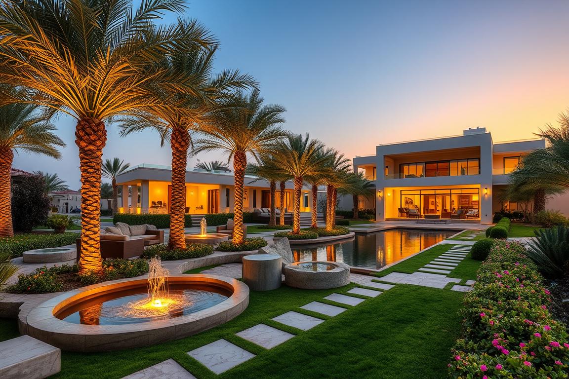 Luxury villa landscape design in Abu Dhabi featuring water features and desert-adapted plants