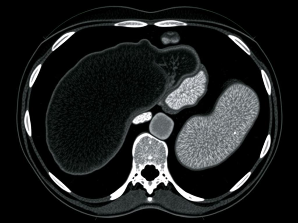 Tomografia computadorizada de abdômen mostrando fígado com esteatose