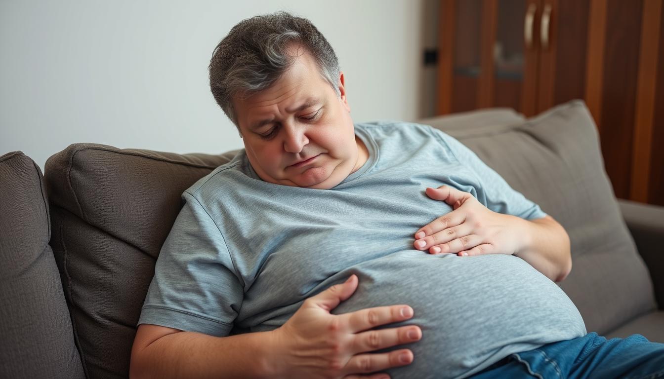 Pessoa demonstrando fadiga e desconforto abdominal, sintomas comuns de gordura no fígado