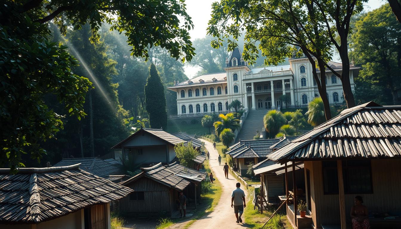 A tranquil village nestled in the lush Malaysian countryside, overshadowed by the looming presence of a grand Dutch colonial manor. Sunlight filters through the verdant canopy, casting a warm glow on the thatched-roof huts and winding pathways. In the foreground, villagers go about their daily lives, their faces etched with a blend of resilience and resignation. The manor's imposing facade, with its ornate architecture and manicured gardens, serves as a stark contrast, a tangible symbol of the Netherlands' historic dominance over the region. The scene evokes a sense of the complex legacy left by colonial rule, a blend of progress and oppression, development and displacement.