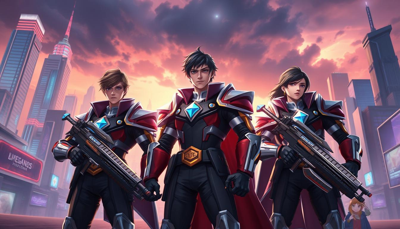 A well-coordinated team of elite mobile legend heroes, expertly communicating and strategizing in a vibrant, high-contrast environment. In the foreground, three heroic figures stand tall, their faces determined and focused, sporting stylized, futuristic armor and weapons. Behind them, a dynamic cityscape unfolds, with towering skyscrapers, neon-lit streets, and a dramatic, moody sky overhead, creating a sense of urban intensity. The lighting is dramatic, with sharp shadows and highlights, emphasizing the power and intensity of the scene. The overall atmosphere is one of tactical precision, unwavering teamwork, and the thrill of battle.