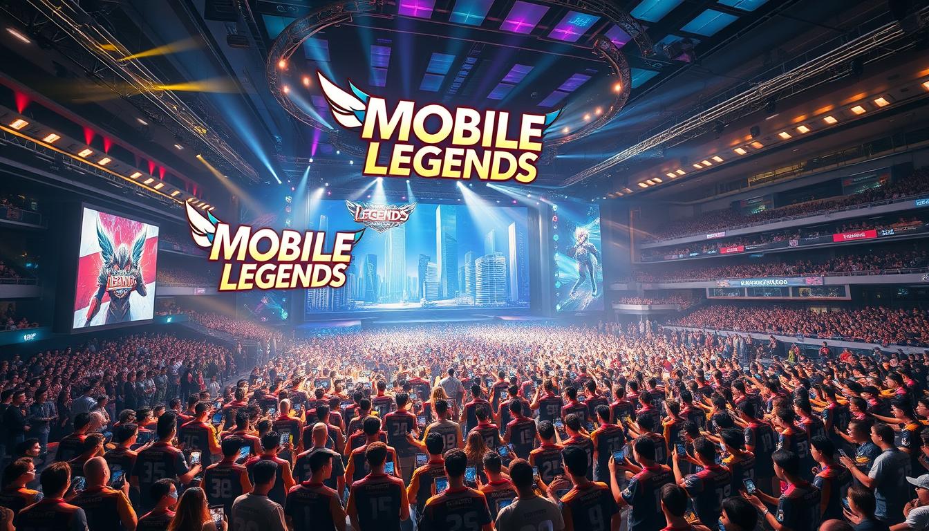 A colossal mobile gaming tournament unfolds on a vast digital stage, its vibrant energy pulsing through a bustling arena. In the foreground, a massive display showcases the iconic Mobile Legends logo, casting a warm glow over the gathered crowd. In the middle ground, a sea of passionate gamers, clad in team jerseys, engages in intense battles, their fingers dancing across their devices as they compete for the coveted championship. The background reveals a futuristic cityscape, its towering skyscrapers and neon-lit streets serving as a dynamic backdrop to the high-stakes event. Crisp lighting illuminates the scene, capturing the thrill and determination of the Mobile Legends tournament in stunning detail.