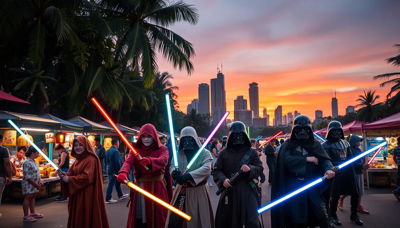 A vibrant celebration of Star Wars unfolds in the streets of Indonesia, as costumed fans gather to honor the beloved franchise. In the foreground, a group of enthusiastic youth don intricate Jedi robes and Sith masks, wielding lightsabers in a spirited reenactment. The middle ground reveals a bustling market, with vendors selling handcrafted Star Wars merchandise and street food under the warm glow of lanterns. In the background, the iconic silhouettes of towering skyscrapers and lush tropical foliage create a captivating cityscape, bathed in the rich hues of a sunset. The scene is filled with a sense of joy, community, and a deep appreciation for the timeless legacy of Star Wars.