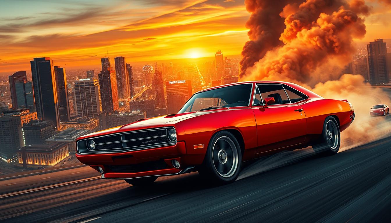 A high-octane action scene showcasing the iconic muscle cars of the Fast & Furious franchise. In the foreground, the sleek and powerful Dodge Charger R/T from the F9 film takes center stage, its chrome grille and bold red paint gleaming under the warm sunset lighting. The middle ground features a sprawling cityscape of towering skyscrapers and neon-lit streets, hinting at the global scale of the movie's events. In the background, dramatic plumes of smoke and dust rise into a vibrant, fiery sky, capturing the intensity and adrenaline of the film's high-stakes chase sequences. The overall composition conveys a sense of thrilling momentum, perfectly encapsulating the spirit of the Fast & Furious saga and the high expectations for the latest installment, F9.