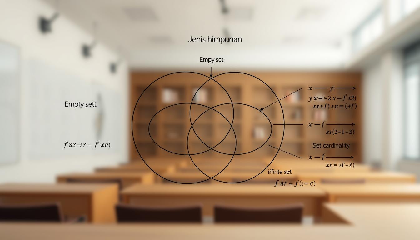 A meticulously rendered diagram depicting the fundamental types of sets in mathematics. In the foreground, a central Venn diagram with intersecting ellipses showcases the key set classifications - empty set, singleton set, finite set, and infinite set. The middle ground features supporting visual elements such as set notation symbols, set operations, and set cardinality representations, all rendered in a clean, technical style with muted colors. The background subtly transitions to a softly blurred academic setting, evoking a sense of mathematical rigor and scholastic atmosphere. Crisp lighting casts subtle shadows, emphasizing the dimensional depth and precise draftsmanship. The overall composition conveys a clear, informative illustration of the core "jenis himpunan" concepts.