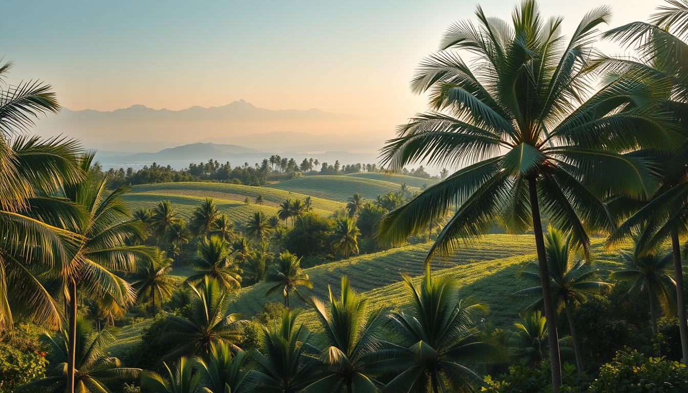 A tropical landscape with lush, verdant palm trees swaying gently in the breeze. In the foreground, a symbolic representation of Malaysia's palm oil industry regulations, perhaps a stylized graphic or icon, stands prominently. The middle ground features a rolling landscape of immaculately maintained palm plantations, their fronds casting intricate shadows across the scene. In the distance, the hazy silhouettes of distant mountains provide a sense of depth and scale. The lighting is warm and golden, casting a serene, contemplative atmosphere, suggestive of the future direction of Malaysia's palm oil standards. The overall composition conveys a harmonious balance between environmental sustainability and economic progress.