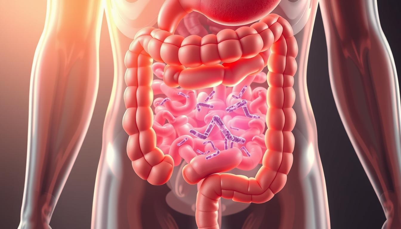 Detailed illustration of a human digestive system, showcasing the gastrointestinal tract with a focus on the small intestine. Depict the intestinal lumen with an emphasis on the presence of fermenting bacteria, indicating the condition of small intestinal bacterial overgrowth (SIBO). Render the scene with a soft, warm lighting that casts a natural glow, capturing the organic nature of the human body. Employ a clean, semi-realistic style that strikes a balance between scientific accuracy and artistic interpretation. Compose the image in a manner that highlights the key diagnostic features of intestinal fermentation syndrome, making it an informative and visually compelling medical illustration.