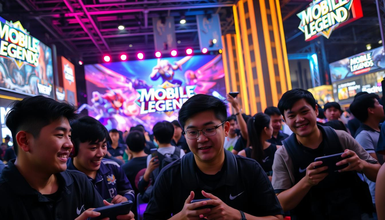 A bustling mobile gaming event, the foreground showcases a group of enthusiastic Mobile Legends players engaged in a lively match, their faces animated with concentration and determination. The middle ground features a vibrant backdrop of the game's iconic characters and environments, rendered in a vivid, almost holographic style. The background artfully blends the event's energetic atmosphere, with dynamic lighting effects, neon signage, and a crowd of spectators cheering on the action. The overall composition captures the excitement and community spirit of the Mobile Legends gaming scene, inviting the viewer to immerse themselves in the experience.