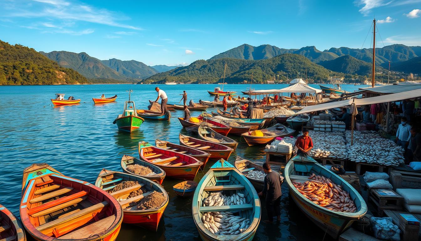 A picturesque scene of Indonesia's thriving fishing industry, captured under the warm glow of the midday sun. In the foreground, a bustling coastal village, with brightly-colored fishing boats bobbing gently on the calm, azure waters. Fishermen tirelessly sort their daily catch, their weathered faces etched with the wisdom of generations. In the middle ground, a sprawling fish market, its stalls overflowing with an abundance of freshly-caught seafood, ready to be distributed across the archipelago. The background is dominated by the lush, verdant hills and mountains that frame this vibrant, maritime tableau, hinting at the vast, untapped potential of Indonesia's diverse marine resources.