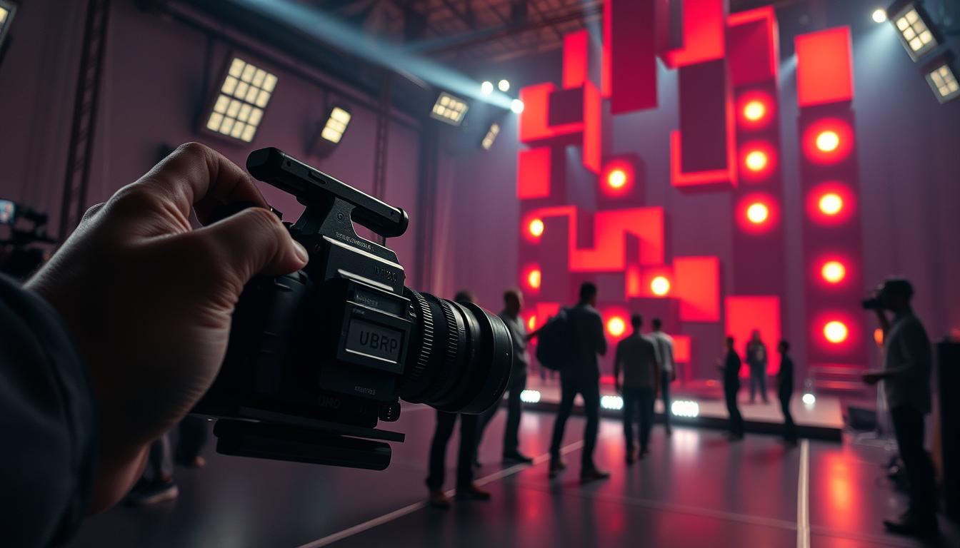 A visually striking and innovative cinematic scene, featuring a dynamic camera angle that captures the essence of filmmaking. The foreground showcases a director's hand, holding a vintage film camera, while the middle ground features a crew working diligently behind the scenes, their silhouettes illuminated by the soft glow of studio lights. In the background, a towering, abstract set piece dominates the frame, its bold, geometric shapes and vibrant colors creating a sense of depth and artistic flair. The overall mood is one of creative energy, technological advancement, and a deep appreciation for the art of cinematography.