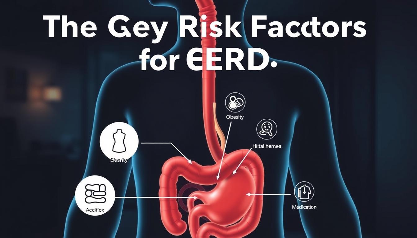 A detailed illustration of the key risk factors for GERD (Gastroesophageal Reflux Disease). The foreground depicts a cross-section of the esophagus and stomach, highlighting the weakened lower esophageal sphincter and acid reflux. The middle ground features icons representing common GERD triggers such as obesity, pregnancy, hiatal hernia, and certain medications. The background showcases a dimly lit, moody environment with subtle medical imagery to convey the seriousness of the condition. Soft, dramatic lighting casts shadows and highlights the physiological elements. The overall tone is informative yet somber, emphasizing the importance of understanding GERD risk factors.