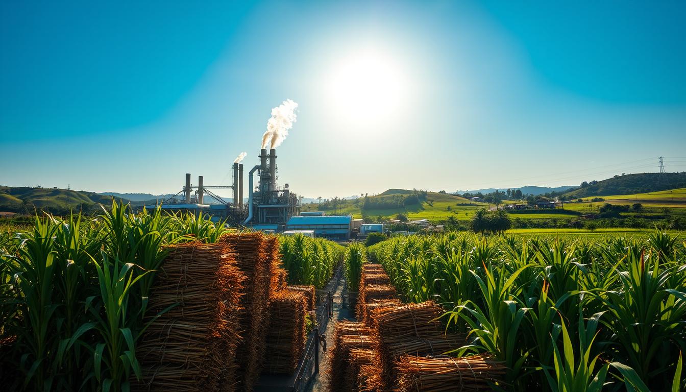 A bustling factory surrounded by lush fields, the sun's warm glow illuminating the intricate machinery. In the foreground, rows of neatly stacked sugar canes stand tall, ready for processing. The middle ground features the factory's imposing structure, its chimneys billowing white smoke against a clear blue sky. In the background, rolling hills dotted with palm trees suggest Indonesia's diverse landscape, ripe with export potential. The scene conveys a sense of productivity and opportunity, highlighting the nation's capacity to meet global demand for its sweet commodity.