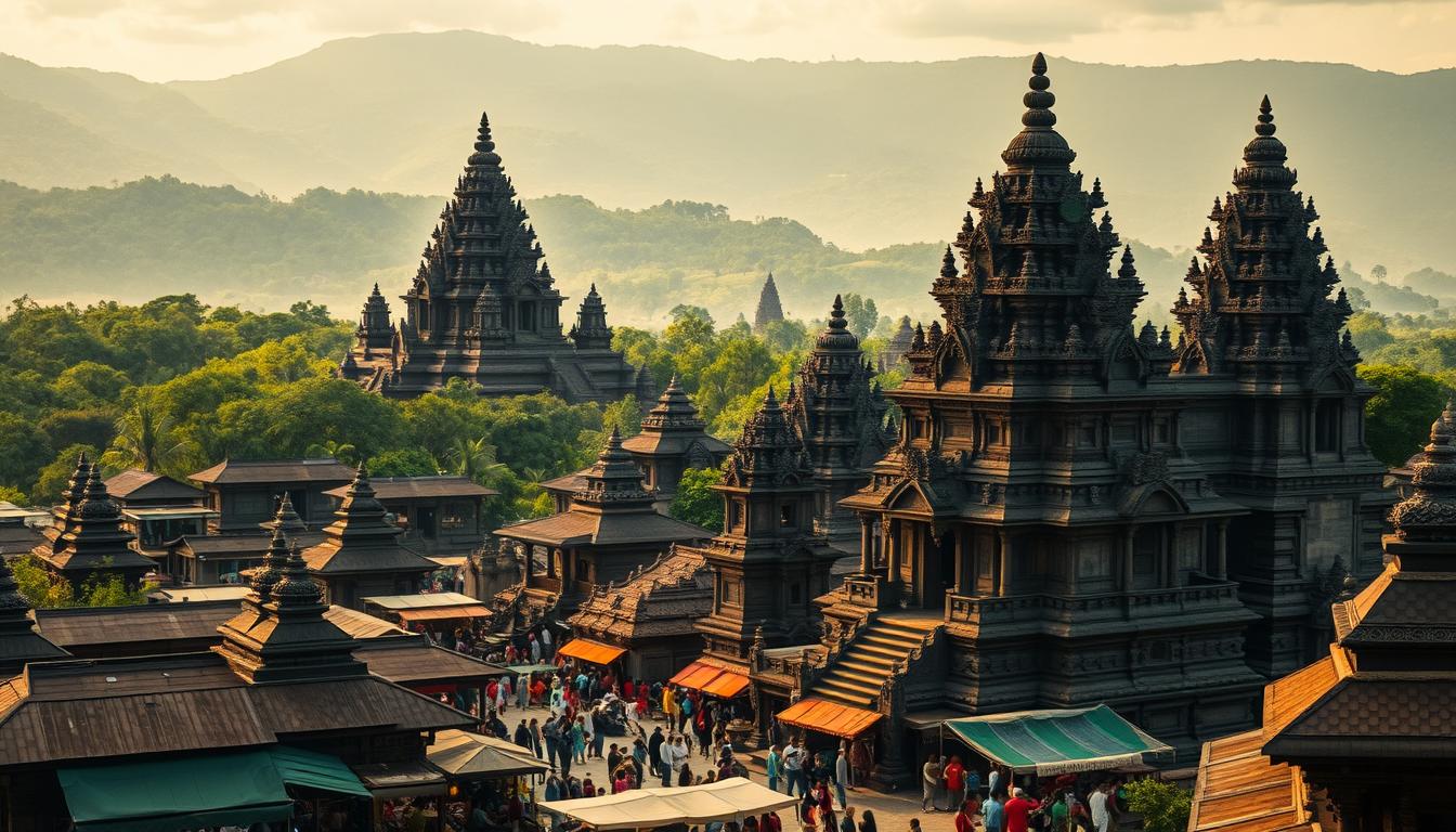 Majestic stone temples rise against a backdrop of lush, verdant landscapes. Ornate carvings and intricate architectural details evoke the rich cultural heritage of the Srivijaya Kingdom. In the foreground, bustling marketplaces teem with traders, scholars, and artisans, showcasing the thriving commerce and intellectual exchange that defined this golden era of Indonesian history. Warm, diffused lighting illuminates the scene, casting a serene, contemplative mood. Dramatic camera angles emphasize the grandeur and scale of these architectural marvels, inviting the viewer to immerse themselves in the timeless influence of Hindu-Buddhist civilization on the Indonesian archipelago.