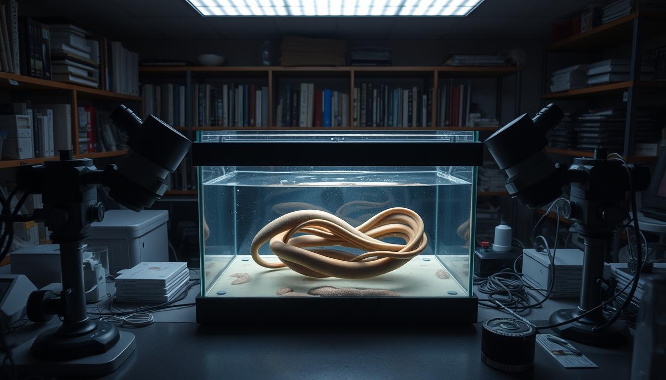 A dimly lit laboratory setting, with a central focus on a glass aquarium filled with shallow water. Nestled within the aquarium, an intricate display showcases the delicate process of eel breeding. Magnified lenses and specialized instruments surround the aquarium, hinting at the meticulous scientific approach. In the background, shelves laden with books and scientific equipment suggest a well-equipped research facility dedicated to the study of eel cultivation. The overall atmosphere evokes a sense of careful observation, scientific rigor, and the quest to unveil the mysteries of eel propagation.
