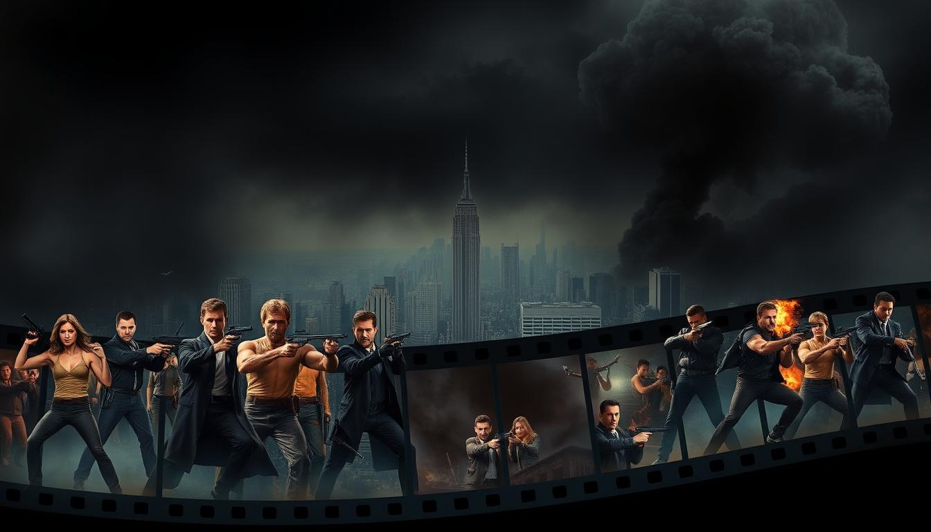 A dramatic film strip unfurling against a dark, cinematic backdrop. In the foreground, a collage of action movie icons cast in bold, dynamic poses - muscular figures wielding an array of weapons. The middle ground features a panoramic cityscape, hazy with moody atmosphere and dramatic lighting. In the distance, towering skyscrapers and billowing smoke suggest a sense of urban chaos and high-stakes conflict. The overall composition evokes the thrilling, high-octane energy of a classic action franchise, with a focus on its most iconic characters and settings.