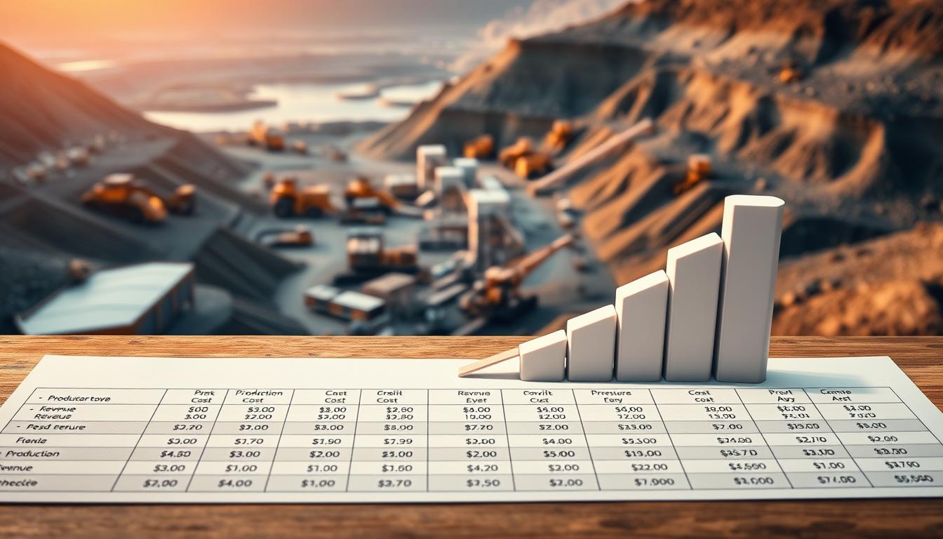A detailed depiction of a break-even analysis for a mining operation. In the foreground, a table shows production costs, revenue, and profit margins across different production levels. In the middle ground, a 3D graph visualizes the break-even point where costs and revenue intersect. In the background, a panoramic view of an open-pit mine with heavy machinery, conveyors, and stockpiles. The scene is illuminated by warm, directional lighting, captured with a wide-angle lens to emphasize the scale and complexity of the mining enterprise. The overall mood is one of analytical precision and operational sophistication, befitting the technical subject matter.