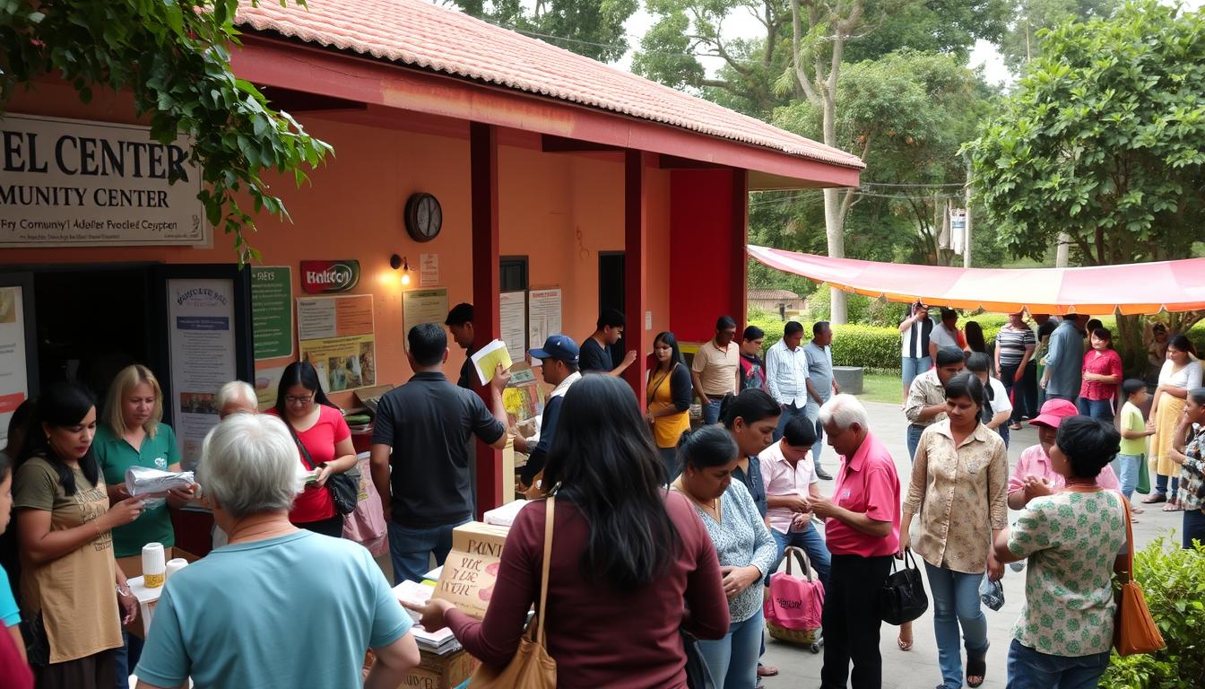 A vibrant community center bustling with activity, its façade adorned with warm lighting and welcoming signage. In the foreground, a group of volunteers engage in various outreach programs, distributing supplies and providing assistance to those in need. The middle ground showcases a diverse gathering of individuals, from the elderly to young families, interacting and participating in educational workshops and skill-building sessions. The background depicts a serene, well-maintained public space, with lush greenery and a sense of togetherness permeating the scene. The overall atmosphere conveys a strong sense of social responsibility, empowerment, and community-driven progress.