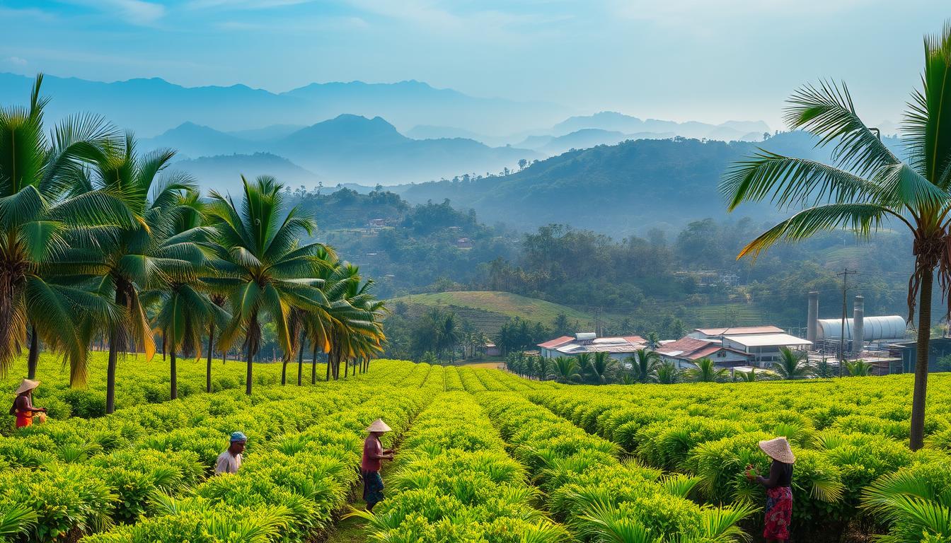A lush, verdant plantation stretches across the Malaysian landscape, its rows of palm trees swaying gently in the warm breeze. In the foreground, workers in vibrant sarongs and hats harvest the ripe, glistening fruit, their movements graceful and efficient. The middle ground reveals processing facilities, where the harvested produce is transformed into a variety of valuable commodities. In the distance, rolling hills and dense forests provide a serene, natural backdrop, hinting at the enduring relationship between the plantation and the surrounding environment. Soft, diffused lighting casts a golden glow over the scene, capturing the essence of the social and economic impact of this thriving industry.