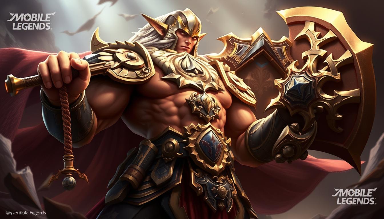 A powerful and imposing hero from the world of Mobile Legends stands tall, his muscular frame radiating strength and determination. Clad in intricate armor adorned with the symbols of his faction, he holds a mighty weapon at the ready, prepared to defend the land against any who would dare challenge his might. The hero's piercing gaze and resolute expression convey a sense of unwavering courage, hinting at the untold stories of his past victories. Dramatic lighting casts dramatic shadows, adding depth and drama to the scene, while a sense of epic grandeur fills the air, capturing the essence of the "Hero Mobile Legend Terkuat" in all its glory.