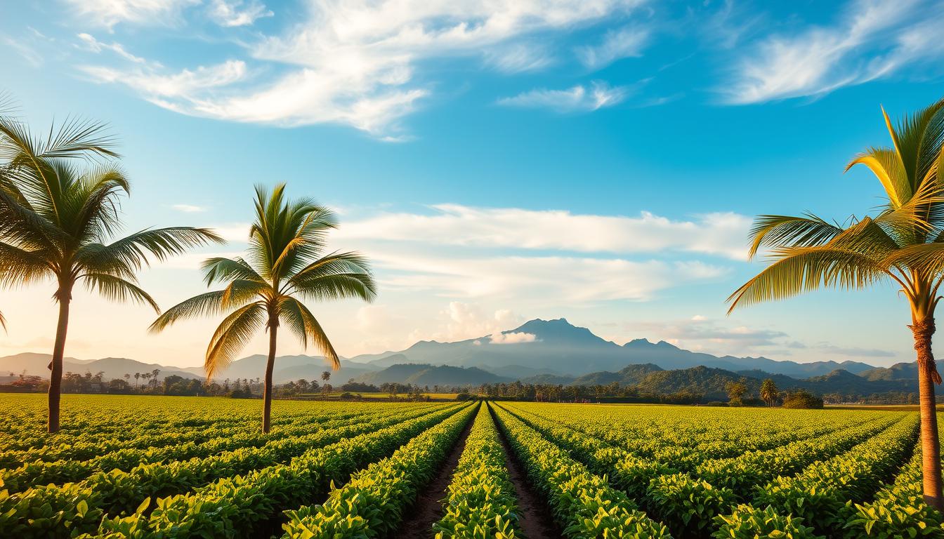 A lush, verdant expanse of manicured plantations stretches across the Malaysian countryside, framed by rolling hills and a clear, azure sky. In the foreground, rows of meticulously pruned palm trees sway gently in the breeze, their glossy fronds reflecting the warm, golden sunlight. The middle ground showcases flourishing crops, their vibrant hues and healthy foliage indicating the region's fertile soil and optimal growing conditions. In the background, towering mountains rise, their peaks shrouded in wispy clouds, creating a serene and picturesque backdrop. The overall scene conveys a sense of abundance, productivity, and the vast potential of Malaysia's booming plantation sector.