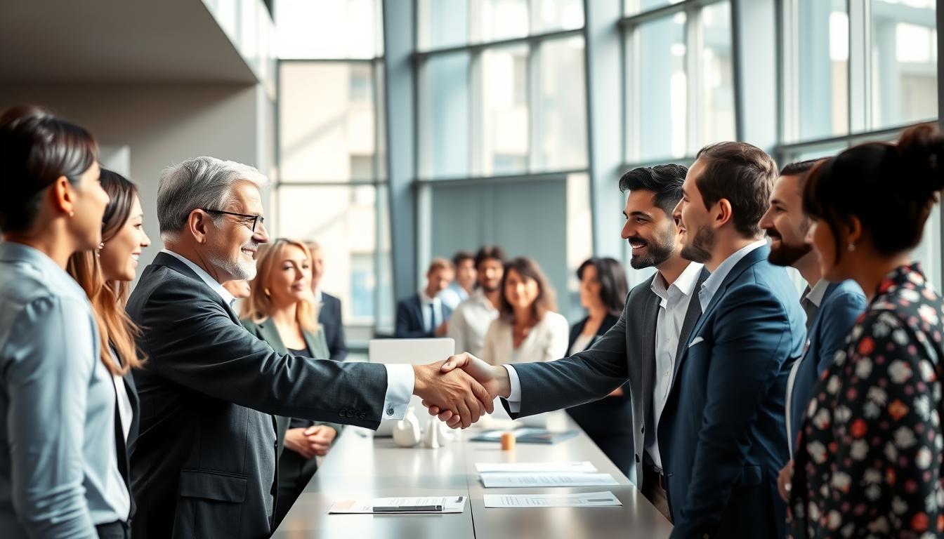 A bustling collaboration between two prominent organizations, their leaders shaking hands in a formal yet warm gesture, surrounded by a diverse group of professionals engaged in lively discussion. The scene is bathed in soft, natural lighting filtering through large windows, creating a mood of trust, cooperation, and shared purpose. In the background, sleek modern architectural elements and a subtle color palette convey a sense of institutional gravitas. The overall composition suggests a harmonious alliance dedicated to making a meaningful impact.