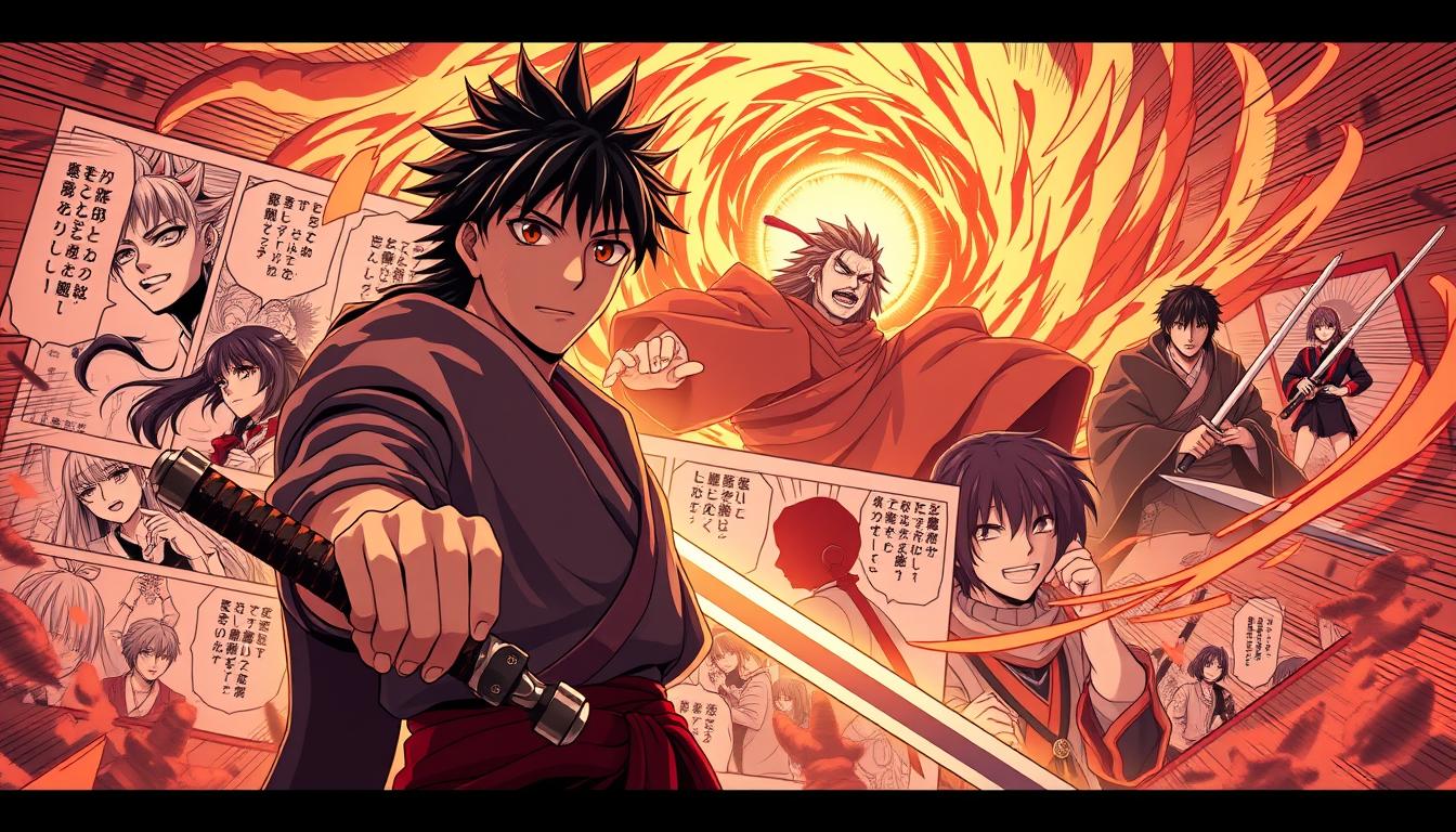 A vibrant, dynamic scene showcasing the adaptation of the Demon Slayer manga to the beloved anime series. In the foreground, the series' protagonist, Tanjiro Kamado, stands with a determined expression, his hand gripping the hilt of his sword. Behind him, the iconic characters of the Demon Slayer universe come to life, including Nezuko, Zenitsu, and Inosuke, each captured in a moment of heroic action. The middle ground is filled with intricate, manga-inspired panels, depicting key moments from the source material, seamlessly blending with the anime-style rendering. In the background, a swirling vortex of energy and motion reflects the intense, fast-paced nature of the Demon Slayer narrative, creating a sense of dynamic tension and excitement. Warm, golden lighting illuminates the scene, casting an emotional, dramatic glow over the entire composition.