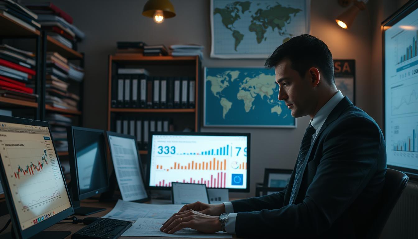 A dimly lit indoor office setting, showcasing the intricate world of industrial gas modeling. In the foreground, a desktop filled with financial charts, graphs, and calculations, illuminated by the soft glow of a computer screen. In the middle ground, a professional-looking individual, wearing a suit and tie, intently analyzing the data, their face partially obscured by the screen's reflections. The background features shelves laden with reference materials, industry-specific books, and a world map, hinting at the global nature of the gas industry. The overall atmosphere is one of focused intensity, reflecting the complex mathematical underpinnings required to navigate the challenges of the gas business.