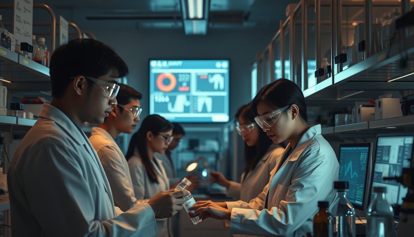 A dimly lit scientific laboratory, with state-of-the-art equipment and instruments lining the shelves. In the center, a team of researchers in white lab coats and goggles, intently focused on their work, examining samples and studying data on computer screens. The atmosphere is one of intense concentration and scientific inquiry, as they delve into the mysteries of "Sindrom Bau Ikan," seeking to unravel its causes and discover new treatments. Soft, warm lighting creates a sense of contemplative exploration, while the clean, clinical setting conveys the seriousness of their endeavor. The scene suggests a cutting-edge, evidence-based approach to this complex medical condition.
