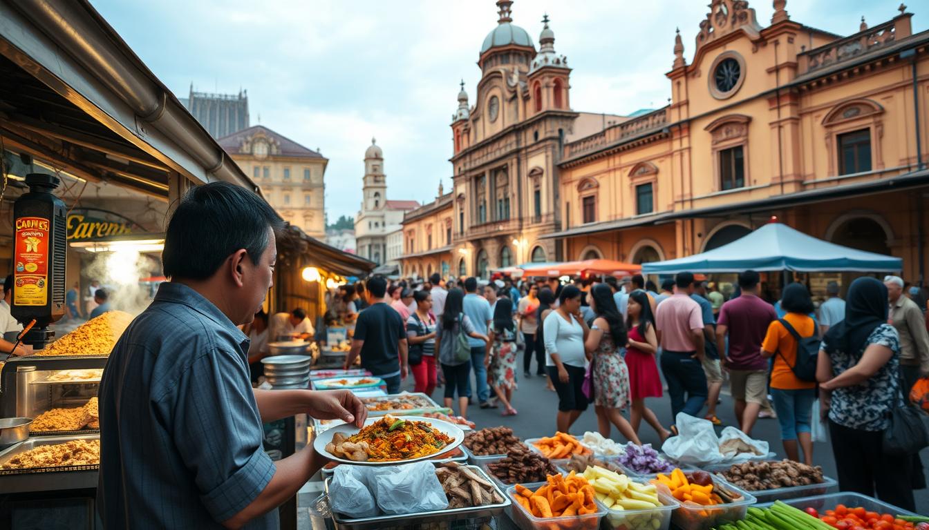 A bustling outdoor food stall in Gorontalo, Indonesia. In the foreground, a customer being served a steaming plate of traditional Gorontalo cuisine, the vibrant colors and aromatic spices catching the eye. Surrounding the stall, an array of vendors offering a diverse selection of local delicacies, from savory meat dishes to sweet tropical fruits. The middle ground features a lively crowd of locals and tourists, mingling and sharing the energetic atmosphere. In the background, the distinct architecture of Gorontalo's historic buildings, their intricate designs and warm hues creating a picturesque setting. Soft, natural lighting illuminates the scene, casting a warm, inviting glow over the entire culinary experience.