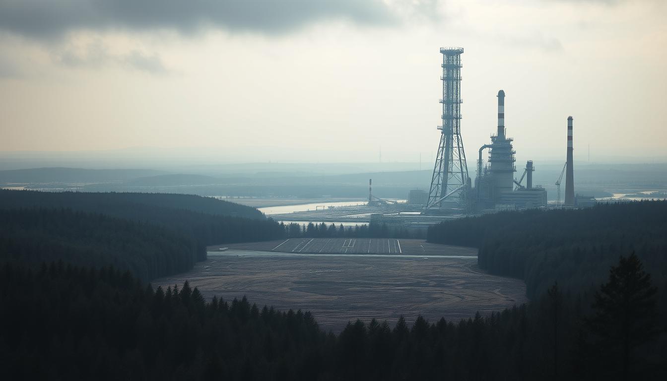 A serene yet unsettling landscape depicting the environmental impact of liquefied natural gas. In the foreground, a dense forest backdrop is overshadowed by a massive, looming industrial structure - a liquefied natural gas processing plant, its towering steel edifice casting an ominous shadow. The middle ground features a sprawling, barren expanse - once lush vegetation now withered and lifeless, the soil scarred by the plant's operations. In the background, a hazy, polluted skyline, the horizon obscured by a thick haze of emissions. Dim, ominous lighting bathes the scene, creating an uneasy, foreboding atmosphere, a cautionary tale of the environmental consequences of the rapidly expanding liquefied natural gas industry.