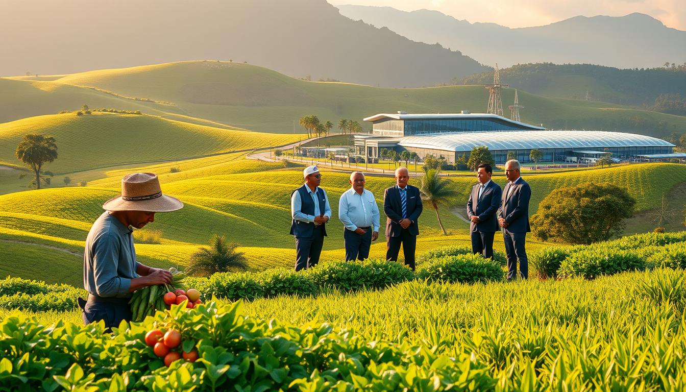 A lush, verdant agricultural landscape in Malaysia, with rolling hills and fields of vibrant crops. In the foreground, a farmer inspects a bountiful harvest of fresh produce, while in the middle ground, government officials discuss policy initiatives to support the thriving agribusiness sector. In the background, a modern agricultural research facility stands, symbolizing the country's commitment to technological innovation and sustainable farming practices. The scene is bathed in warm, golden sunlight, conveying a sense of prosperity and growth. The composition emphasizes the harmonious collaboration between government, industry, and the farming community, driving the success of Malaysia's agribusiness industry.