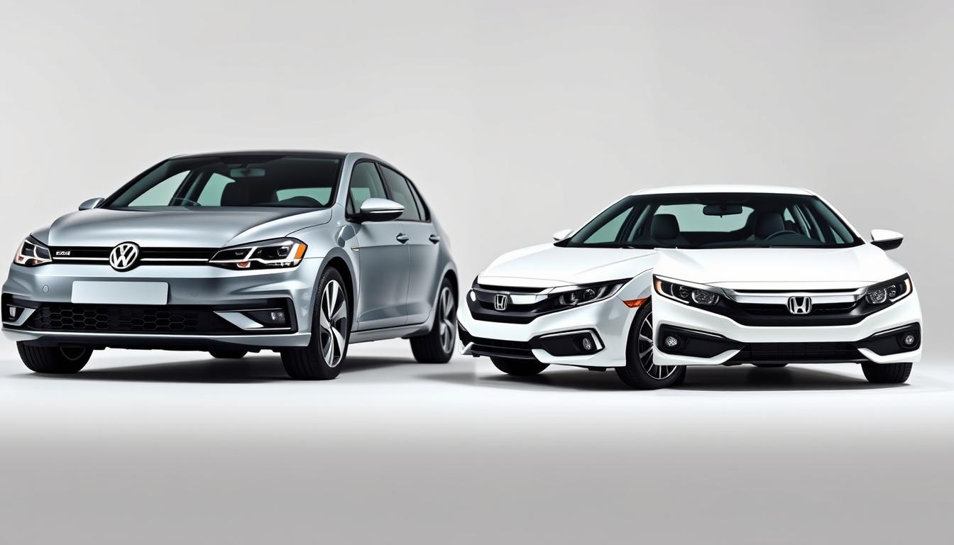A high-quality, realistic side-by-side comparison of a sleek, modern Volkswagen Golf and a stylish, contemporary Honda Civic, placed in a well-lit, studio-style setting. The vehicles are positioned at a slight angle, showcasing their distinct profiles and design elements. Precise details like the distinct grilles, headlights, and body lines of each car are clearly visible. The lighting should be natural and soft, with subtle shadows and highlights accentuating the vehicles' contours. The background is clean and uncluttered, allowing the cars to be the focal point. An overall sense of balance, sophistication, and attention to detail should be conveyed, enabling the viewer to easily compare and contrast the two vehicles.
