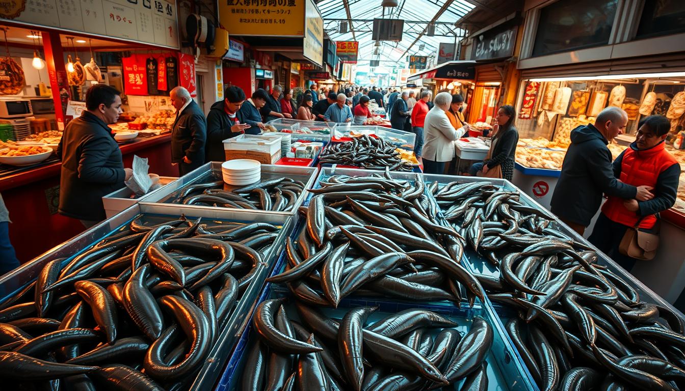 A bustling marketplace filled with vibrant stalls selling freshly harvested eels. The foreground showcases an array of live eels wriggling in aquarium tanks, their slender bodies glistening under the warm, natural lighting. In the middle ground, vendors engage with customers, discussing the quality and variety of their eel products. The background reveals a lively scene, with shoppers examining the merchandise, negotiating prices, and carrying their purchases. The atmosphere exudes a sense of energy and commerce, capturing the essence of the eel marketing process. The scene is captured with a wide-angle lens, providing a comprehensive view of the thriving eel trade.